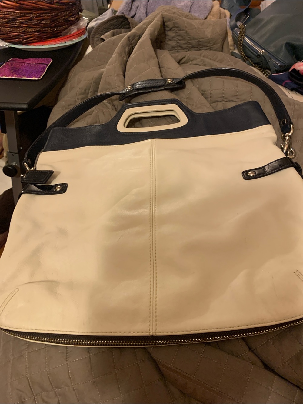 COACH Cream and Black Two-Tone Leather Tote Bag